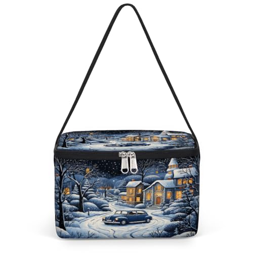 Winter Farmhouse Blue Car Lunch Bags for Women Men 9 Cans, Hot & Cold Food Delivery Bag Insulated Grocery Bag Insulated Lunch Box Cooler Bag for Office Work Picnic Beach