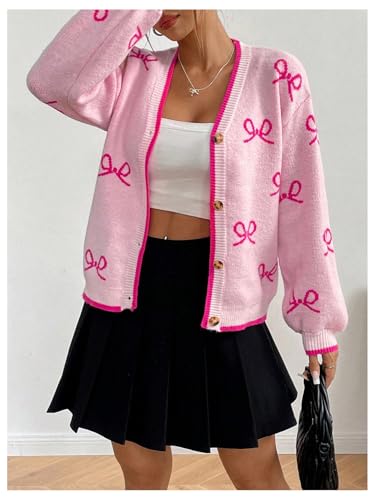 Image of MakeMeChic Women's Bow V Neck Button Up Cardigan Sweaters Long Sleeve Cute Outerwear Pink Small