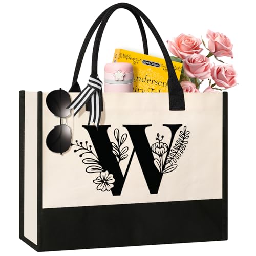 Image of Personalized Initial Canvas Tote Bag, Suitable for Birthday, Wedding, Beach, Holiday, Gifts for Women, Mom, Teachers, Nurses, Best Friends, Bridesmaids (W)