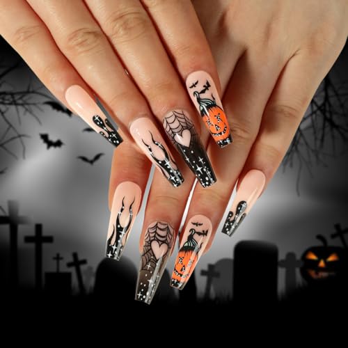 JUSTUNX 24 Pz Zucca Cobweb Halloween Unghie Bat Lungo Quadrato