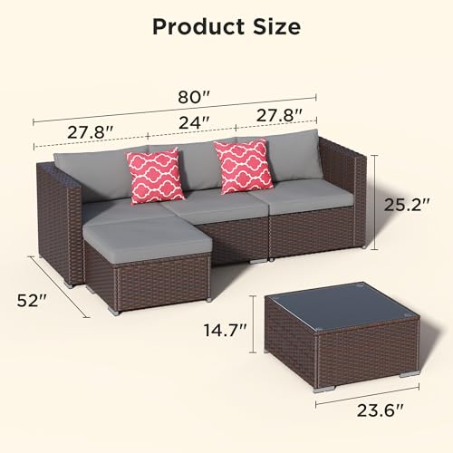 Aiho 5 Pieces Patio Furniture Set All-Weather Outdoor Wicker Sectional Patio Furniture with Cushion and Glass Table (Grey) - Image 2