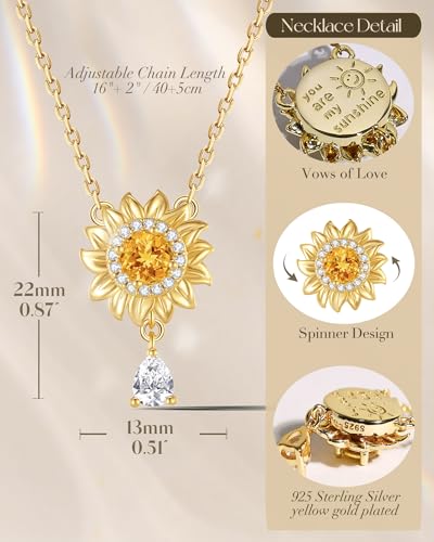 FANCIME Flower necklace Sterling Silver Spinning Pendant, You Are My Sunshine Fidget Rotatable Jewelry Birthday Christmas Gifts for Women Wife Her3