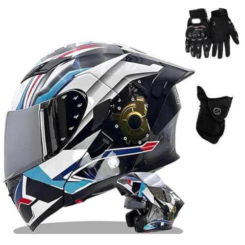 Casco Abatible con Doble Visera, Modular para Moto Guantes y Cubrecara, Homologado ECE para Hombres Y Mujeres(C10,L(57~58CM))