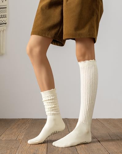 Image of Yawlsow Pilates Socks with Grips for Women Yoga Ruffle Grippy Non Slip Long Slouchy Scrunch Socks for Barre Workout Hospital