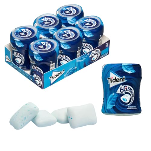 iChuches- Chicle sin azúcar de larga duración Trident. Refrescante, sin calorías, ideal para el aliento (6 und, bote 60min menta)
