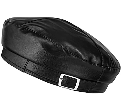 Wetoo Women Beret Hat Pu Leather Beret French Black Beret Artist Beret Cap #TOP1