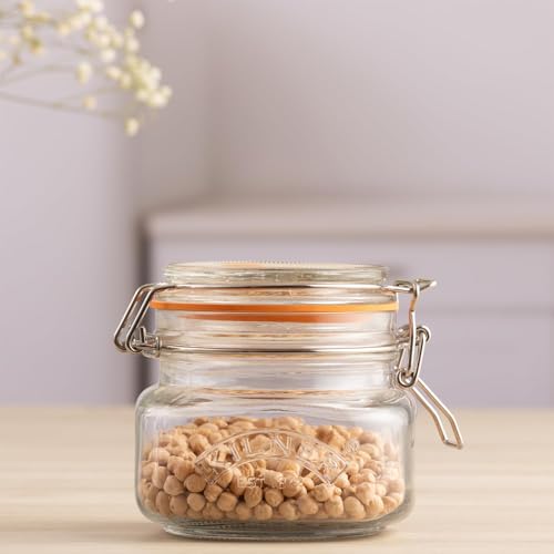 Image of Kilner Premium 4 x 500ml Borosilicate Airtight Square Wire Clip Top Food Storage Container Jar for Kitchen | Multipurpose, BPA Free, Reusable | For thinKitchen