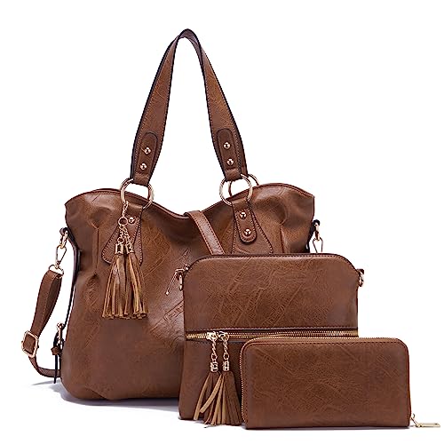 Image of Qiyuer Slouchy Handbag for Women Shoulder Bag Hobo Purse Wallet Set 3pcs | Curved Lines, Dual-use Crossbody /Shoulder, Soft PU Vegan Leather, Divided Compartments, Versatile Roomy for Daily & Work