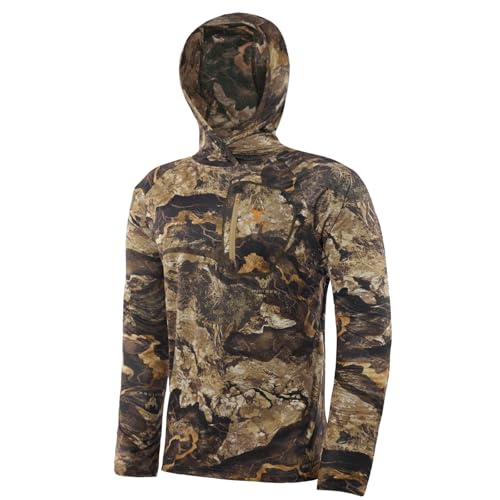 Hartena Men’s Lightweight Camo Hunting Hoodie Shirt – UPF 50+ Sun Protection, Quick-Dry, Breathable, with Snap Hood, Chest Zip Pocket & Thumb Loops（Ridge Stem，Large）