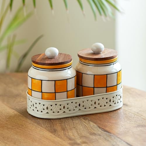 Image of ExclusiveLane 'Shatranj Checkered' Multi Utility Storage Ceramic Jars for Kitchen Storage with Iron Tray (Air-Tight, Set Of 2, 410 ml) | Ceramic Container with Tray Storage Jars