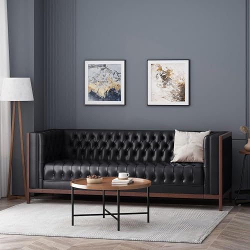 Image of Merax Modern PU Sofa Set, Couch with Button-Tufted Diamond Stitching, Rubberwood Frame, Tuxedo Arms, Low Profile Design Mid-Century Modern Style, Black
