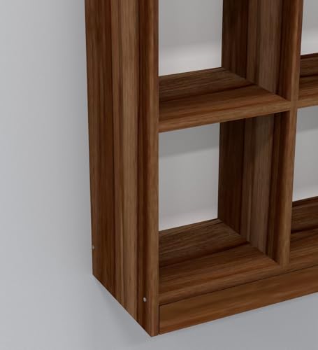 Image of SPECIALITY PANELS 8 Cube Bookshelf with Drawer, Walnut Brown Wood Finish, Open Storage Organizer, Freestanding Display Shelf