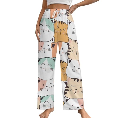 Pantalon de pyjama femme chat mignon en coton doux avec poches taille S