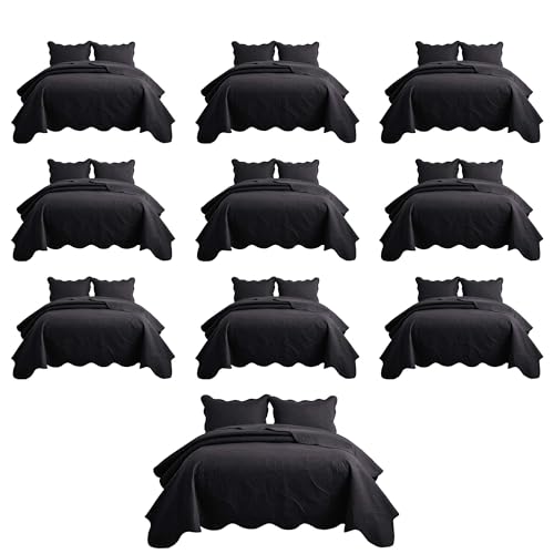 IR Imperial Rooms 10 Pack Queen Quilt Bedding Set (90" x 96") - Bulk Wholesale for Hotels, Guest Bedroom & Airbnbs - Lightweight Microfiber Reversible Floral Embossed Quilts Bedspreads (Black)