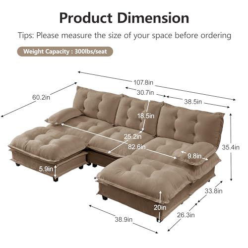 Image of 108 inch Sectional Sleeper Sofa with Ottoman, U Shaped Modular Deep Seat Couches for Living Room Apartment, Flexible Module Combination Cloud Sofa with Spring Support, Easy Assembly, Coffee