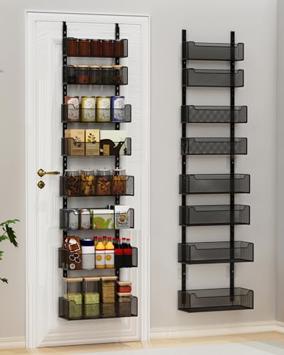 VyGrow Over the Door Organizer, 8-Tier Pantry Organizer with Fully Enclosed Mesh Baskets, Heavy-Duty Metal Hanging Spice Rack for Kitchen Bathroom Laundry Room, 2-in-1 Wall Mount or Door Mount, Black