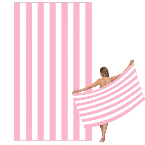 Large Quick Dry Microfibre Beach Bath Towel for Adult,Double Sides Pink White Striped Sand Free Beach Towel with Bag,Lightweight Gym Yoga Sports Towel,Compact Travel Summer Beach Towel for Women Men