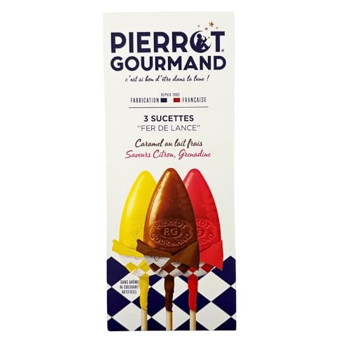 Pierrot Gourmand - Etui 3 sucettes - Fer de lance - Caramel au lait frais, citron et grenadine