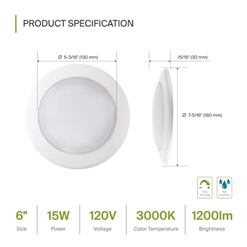 Asd 6 Inch Led Flush Mount Ceiling Light, Wet Rated Dimmable Led Disk Light, Ultra Bright 1200 Lm, Cri90, J-Box Or Recessed Can, White, 15W (130W Eqv.) 3000K, Energy Star, Etl, 6 Pack #TOP1