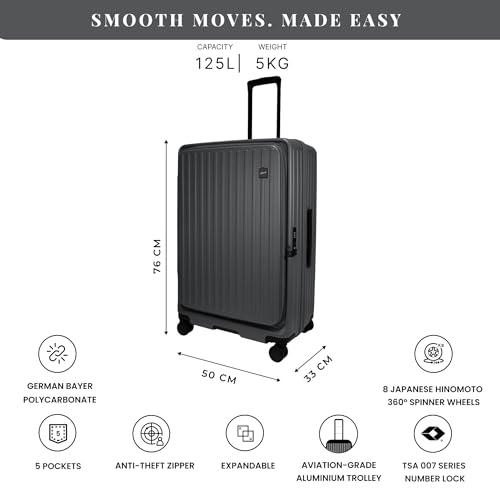 Image of F Gear Montreal Large 76cm German Polycarbonate Hard Luggage|8 Japanese Hinomoto Silent Wheels|Expandable Check-in Front Opening Suitcase for Travel| Anti-Theft Zipper, TSA 007 Lock (Steel Grey)