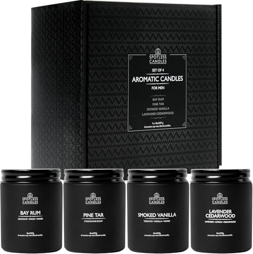 Velas perfumadas para hombre, velas de soja en caja de regalo y envío protector, juego de 4 velas para hombre, madera de cedro y lavanda, ron de laurel, alquitrán de pino, humo y vainilla Spotless
