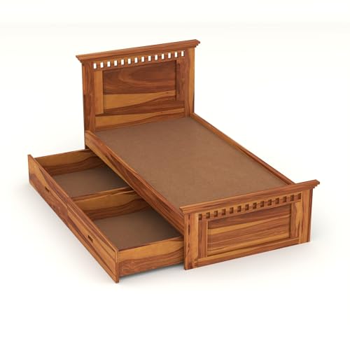 Image of Solid Sheesham Wood Single Size Bed with 2 Drawer Storage Wooden Single Cot Bed for Home Living Room Bedroom Guest Room Hotel (Honey, Size 6 * 3)