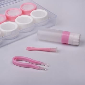 5 Pcs Contact Lens Cases, Contact Lens Holder Portable Eye Contacts Mini Case Container Set with L and R Caps Including Solution Bottle,Rubber-Tipped (Pink and White)