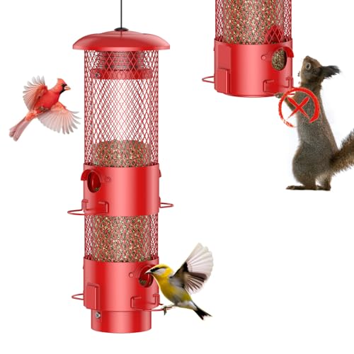 Squirrel Proof Bird Feeders, Hanging Metal Bird Feeder Squirrel Proof for Outdoors, Weight Activated Wild Birds Feeder for Outside Finches, 3.6LBS Large Capacity, Red