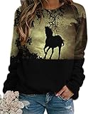 Damen Rundhals-Sweatshirt, Langarm, Mädchen- und Pferdedruck, Mode lässig, Top, T-Shirt