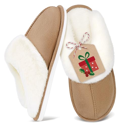 Fluffy Slippers Women Men Memory Foam Slippers for Ladies Plush Cozy House Shoes Indoor Outdoor Anti-Skid Rubber Sole Keep Warm Winter