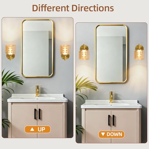 TYhogar Gold Wall Sconce,Bedroom Wall Lights with Orange Glass,Up and Down Sconces Wall Decor,Hardwired Hallway Light Led Wall Sconce Indoor Wall Lamp for Living Room,Bathroom Mirror,Kitchen — view 2