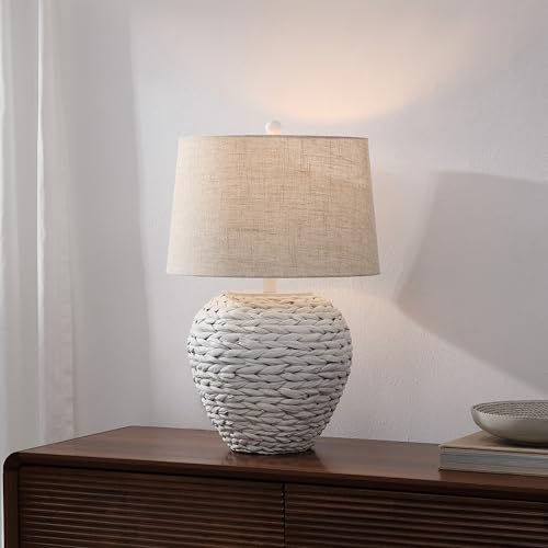 JONATHAN Y 24.5" White Water Hyacinth Farmhouse Basket Table Lamp, Coastal Decor for Living Room Bedroom Nightstand, Light Gray Linen Shade, LED Bulb Included (JYL6501C) by JONATHAN Y - Used condition - Image 2