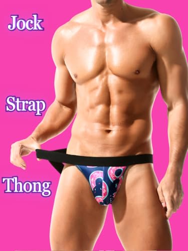 Men's Fun Printed Jock Straps, Low-Rise Double-Layered Wide Belt, Sexy Pouch Underwear Thong Lingerie2