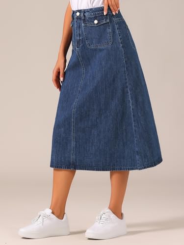 Allegra K Long Jean Skirts for Women's High Waisted Flap Pocket A-Line Vintage Denim Maxi Skirt3