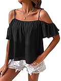 Verdusa Women's Casual Cold Shoulder Butterfly Sleeve Blouse Top Shirt Black M