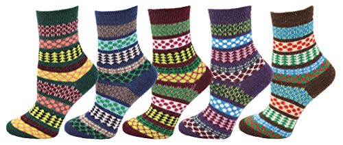 Womens Wool Socks, 5 Pairs Bulk Pack Cozy Thick Knit Winter Vintage Crew Socks Warm (Pack L)