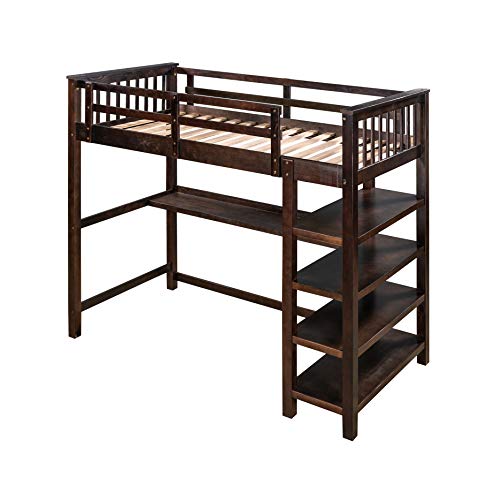 Image of Harper & Bright Designs Twin Loft Bed with Desk and Storage Shelves, Wood Loft Bed with Ladder, for Kids, Teens, Adults (Espresso)