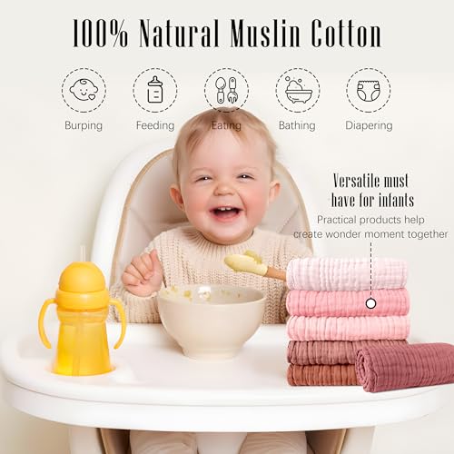 SWEET DOLPHIN 12 Pack Muslin Burp Cloths Large 100% Cotton Burping Clothes for Baby Drool - Absorbent and Soft Boys & Girls Milk Spit Up Rags for Newborn Essentials Registry - Dewy Petal - Thumbnail 6