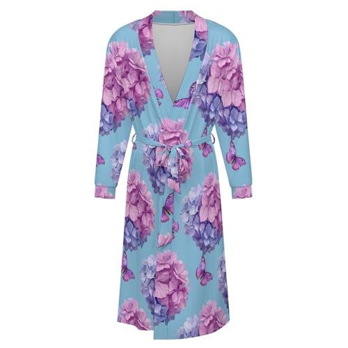 Purple Hydrangeas Butterfly Soft Robe Long Sleeve Bathrobes V Neck Sleepwear Spa Robes with Belt Men Woman4
