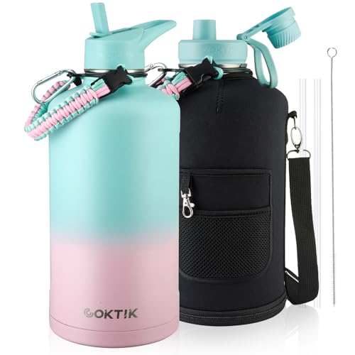 COKTIK 128 oz/One Gallon Water Bottle Insulated, Double Walled Vacumm Metal Stainless Steel Sports Water Bottle with Reusable 2 Lids for Sports, Gym, Fitness or Office(Bubble Gum)