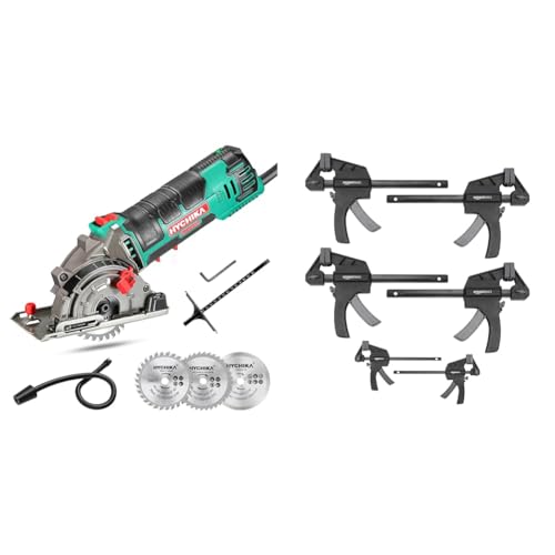 HYCHIKA 500W Mini Scie Circulaire, 4500RPM, Profondeur de coupe: 0-25mm, Moteur en Cuivre Pur & Amazon Basics Serre-joints une main Lot de 6-2 pièces 10,16 cm, 4 pièces 15,24 cm, Noir/Gris