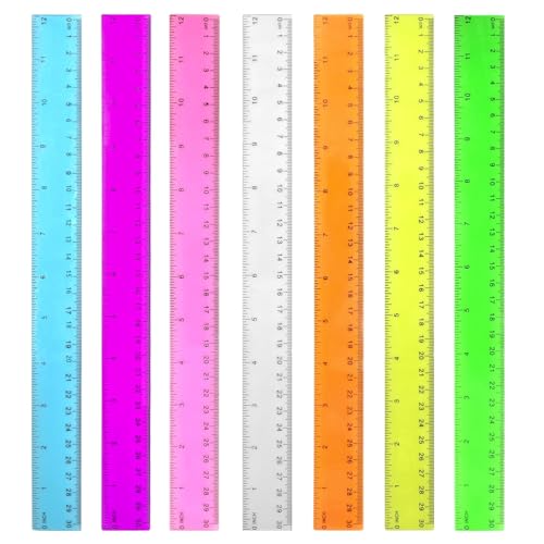 Generic 7 Pack Color Transparent Plastic Ruler Set - 12 Inch, Clear Rulers with Centimeters, Millimeters and Inches, Injection Molded
