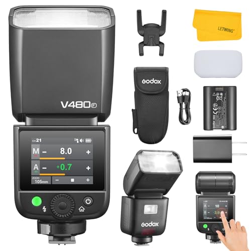 Godox V480F V480-F Flash pour Appareils Photo Fuji, 2.4G TTL Fujifilm Speedlite HSS 1/8000s, Ecran Tactile Couleur 2.0', 650 Eclairs à Pleine Puissance, Lampe Pilote à 10 Niveaux