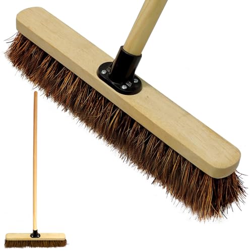 LSC 18” Broom Outdoor Broom Yard Brush Stiff Sweeping Brush Outdoor with Long Wooden Handle Natural Bassine Hard Bristles Garden Brooms for Cleaning Gardens Driveway (PACK OF 1)