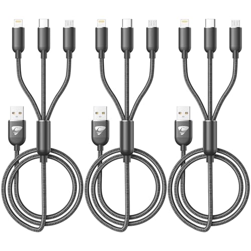 Multi Charger Cable, USB Charger Cable [3Pack 1.2M] Fast 3 in 1 Multiple USB Cable Nylon Braided with Micro USB Type C Lightning Connector for iPhone, Android Samsung, Huawei, Nexus, Nokia,LG, Sony