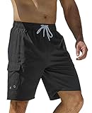 SILKWORLD Men's Swim Trunks Quick Dry 21 inch Long Swimming Shorts with Cargo Pocket,Black,Medium