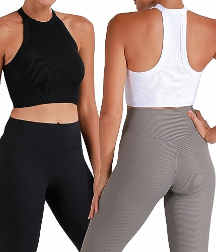 Sunzel Ribbed Tank Tops for Women, Halter High Neck Seamless Cute Crop Top, Basics Sleeveless Workout Athletic Yoga Shirts4