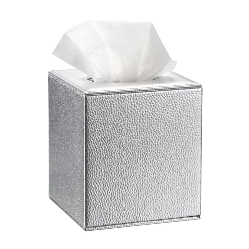 Sumnacon Tissue Box Cover Square Tissue Box Stylish PU Tissue Box Holder with Magnetic Bottom, Leather Cube Tissue Cover for Living Room Bathroom Bedroom Table Desk Home Office Car, Silver by Sumnacon - Used condition - US$12.81