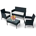 EconoHome 4-Piece Outdoor Patio Furniture Set - Patio Set with 2 Rattan Chairs, 1 Loveseat & 1 Glass -Top Coffee Table - Weather-Proof Wicker with Cushions - Conversation Set for Porch, Balcony, Lawn