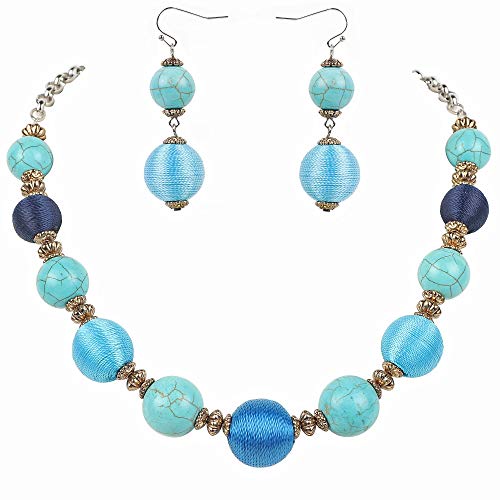 COIRIS Simulated Turquoise Beads Strand Statement Necklace for Women with Earrings, Alloy, Turquoise+Blue, 20.8"